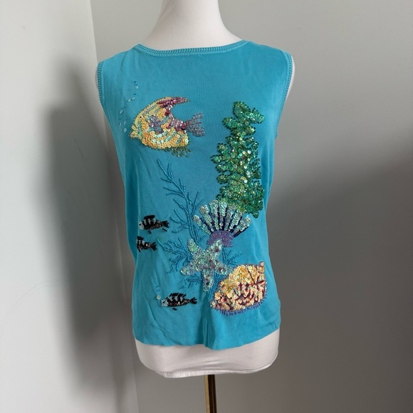 Vintage Beaded Sequin Tank Top Ocean Coral Reef Bejeweled Y2K Mermaidcore M - Picture 5 of 8